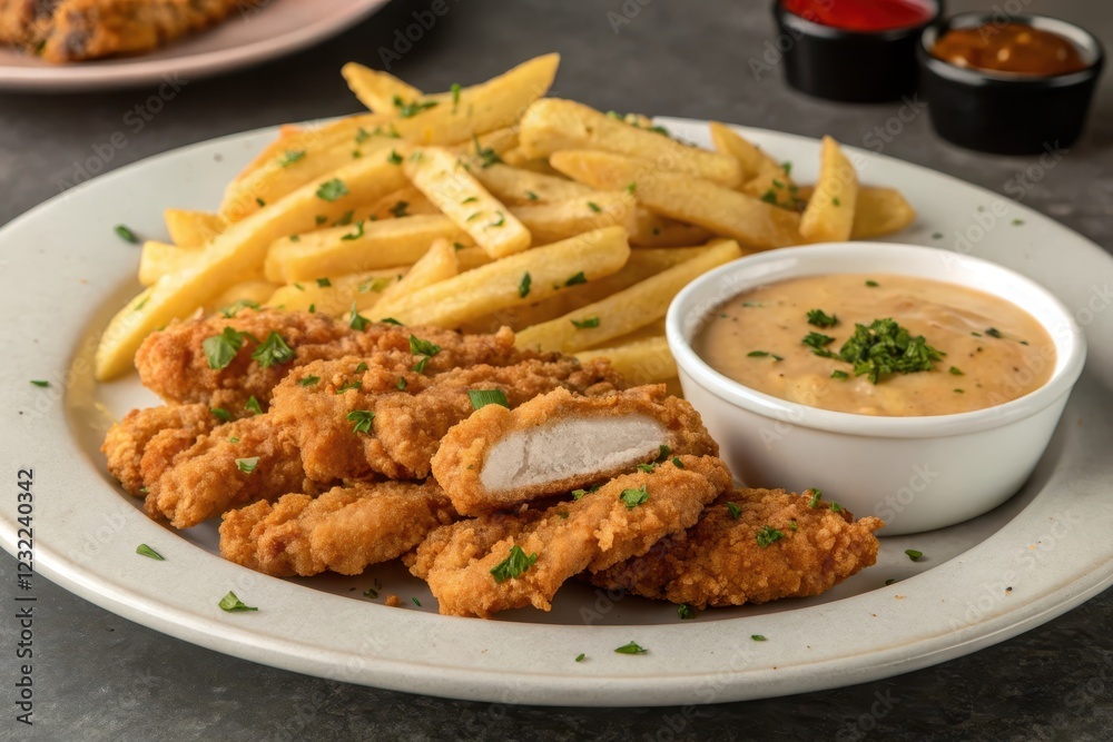 A Delicious Plate of Crispy Chicken Tenders Served with Golden French Fries and Creamy Dipping Sauce A Delicious Plate of Crispy Chicken Tenders Served with Golden French Fries and Creamy Dipping Sauce