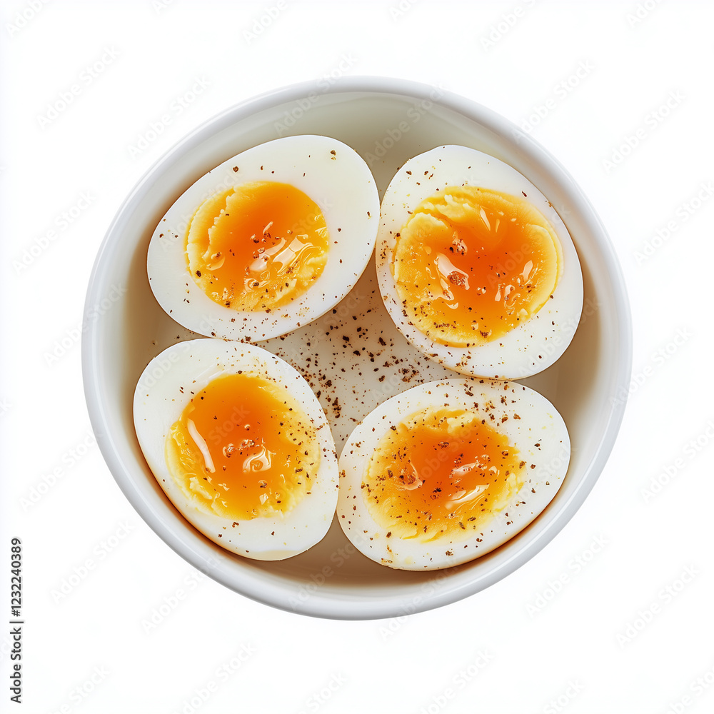 Cup of Soft-Boiled Eggs, Traditional Use, Egg Cup Style, top view, isolated on white, food photo Cup of Soft-Boiled Eggs, Traditional Use, Egg Cup Style, top view, isolated on white, food photo