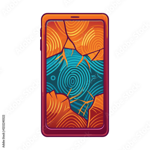 Photorealistic image of a modern smartphone with a severely cracked screen, showcasing spiderweb cracks and shattered glass.  Details are crucial.