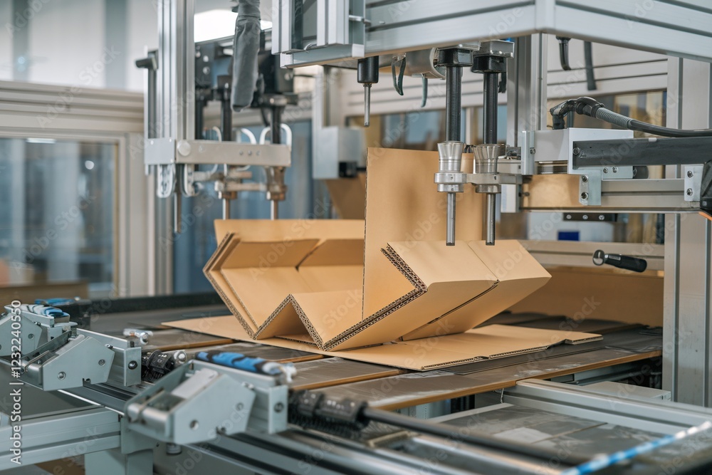 Modern industrial robotic system assembling cardboard boxes in a manufacturing facility, showing mechanical arms and stacked corrugated cardboard sheets on production line. Modern industrial robotic system assembling cardboard boxes in a manufacturing facility, showing mechanical arms and stacked corrugated cardboard sheets on production line.