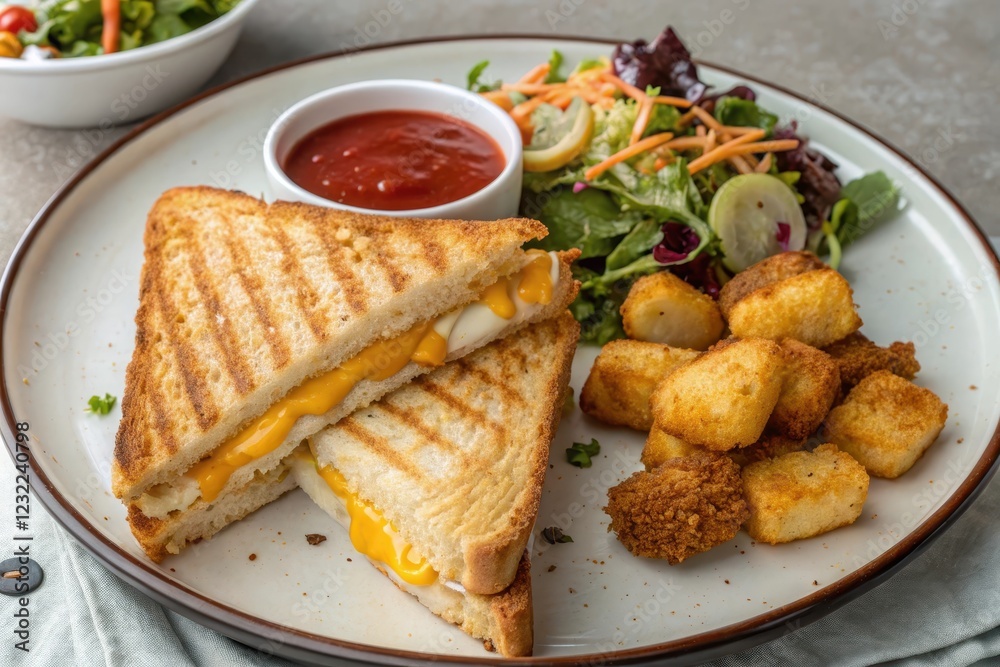 Grilled cheese sandwich with melted cheese, side salad, and crispy croutons served with tomato sauce. Grilled cheese sandwich with melted cheese, side salad, and crispy croutons served with tomato sauce.
