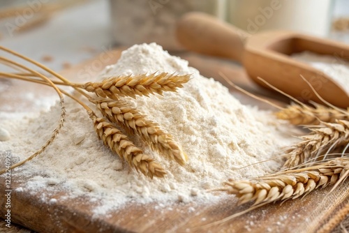 A mound of freshly milled wheat flour sits on a wooden board, adorned with golden wheat stalks, suggesting the origins and process of making bread