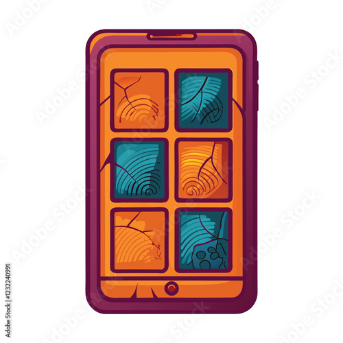 Highly realistic image of a modern smartphone with a severely cracked screen, showing spiderweb cracks and shattered glass.  Focus on the damage detail.