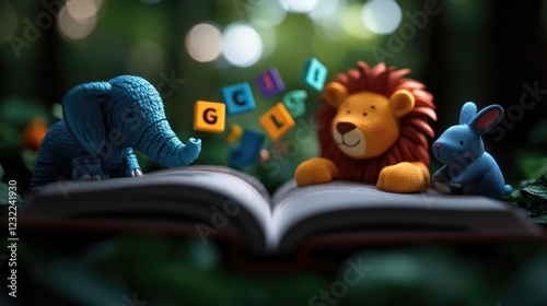 Enchanted Forest Literacy: A whimsical journey into the magical world of reading with adorable animal friends discovering the joy of letters and stories.