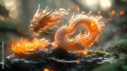 Detailed bonsai plant shaped into a dragon its magmalike skin glowing as fire streams from its mouth Behind a volcano spews lava in a dynamic epic scene filled with intricate textures photo