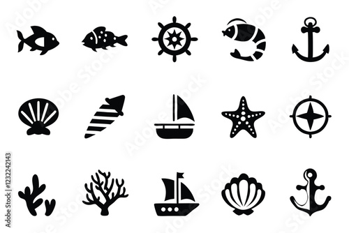 Create a clean, editable line art icon set depicting diverse aquatic and marine life, including fish, corals, shells, seaweed, and ocean animals.