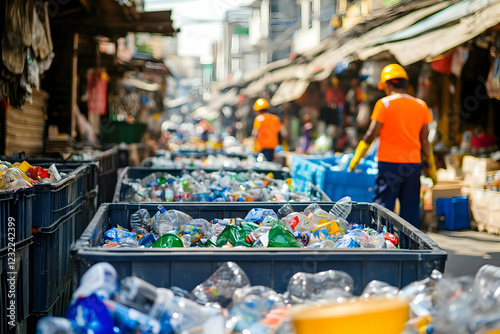 Recyclers collect plastic bottles in city street.