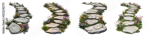 Garden stone pathway with flower isolated on transparent background, PNG, Set of