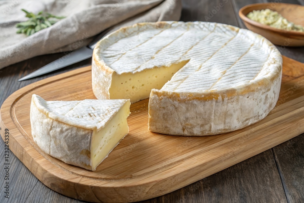 A delectable wheel of creamy cheese, artfully sliced, rests on a rustic wooden board. A delectable wheel of creamy cheese, artfully sliced, rests on a rustic wooden board.