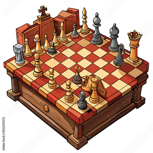 Generate a photorealistic image of an intricately carved wooden chessboard with highly detailed chess pieces, showcasing rich wood grain and masterful craftsmanship.