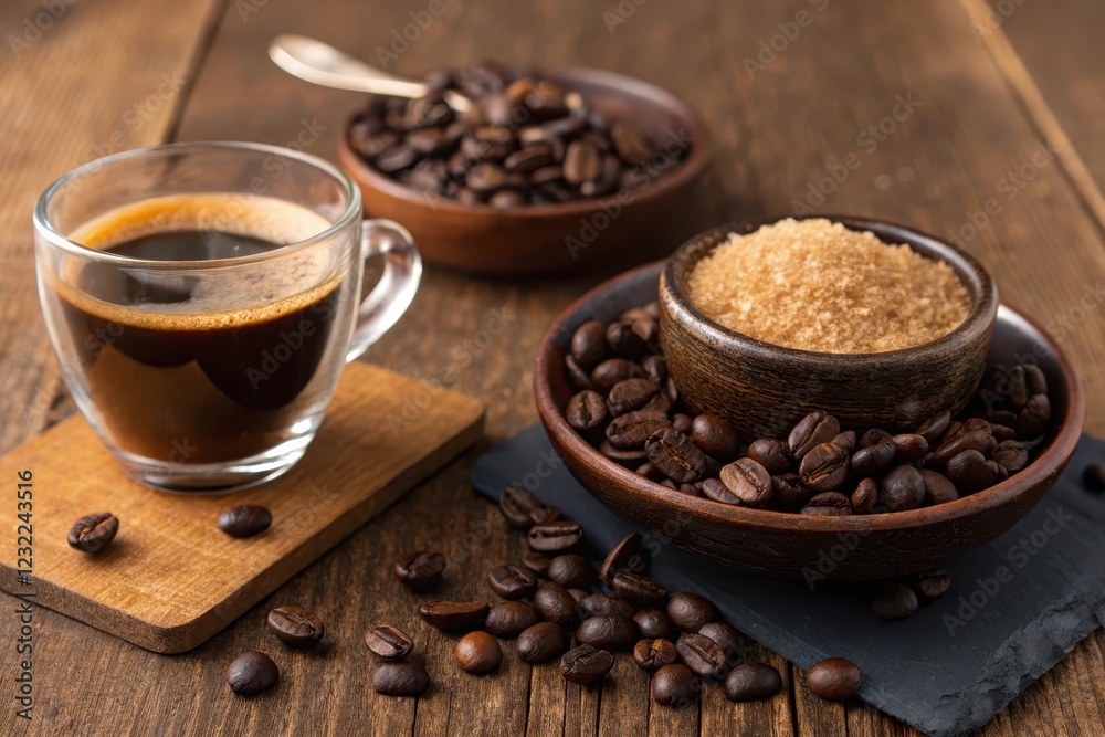 Fototapeta premium Aromatic Dark Roast Coffee with Brown Sugar and Roasted Beans
