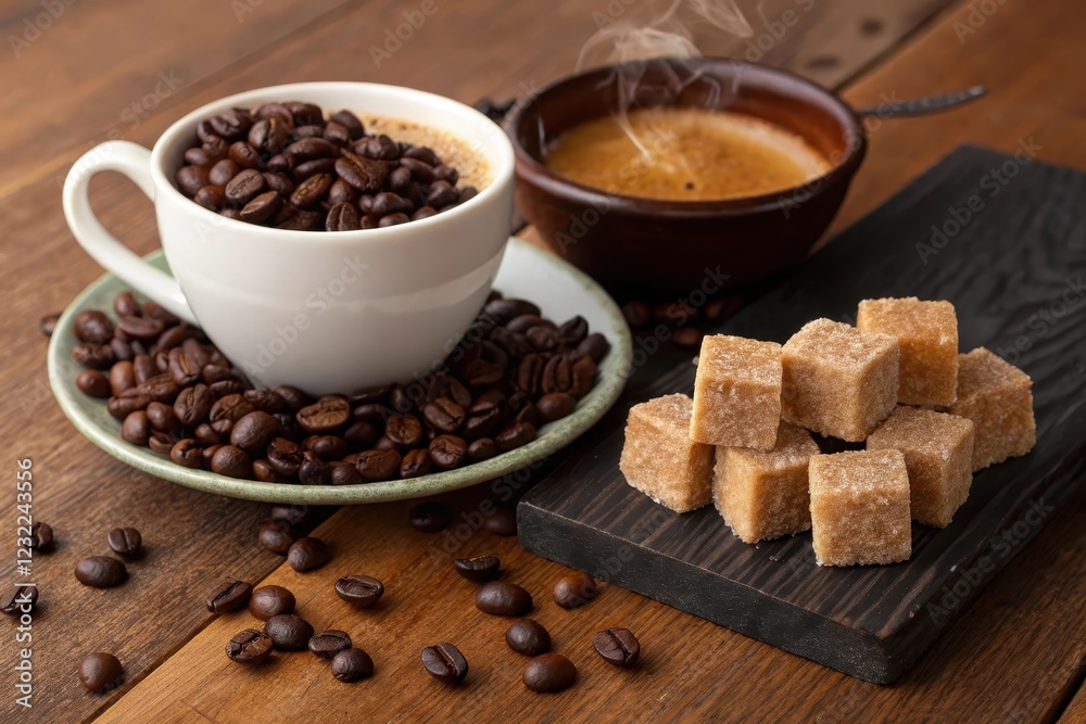 Fototapeta premium Aromatic coffee beans surrounding a cup of coffee and a bowl of espresso, accompanied by several cubes of brown sugar on a dark wooden surface.