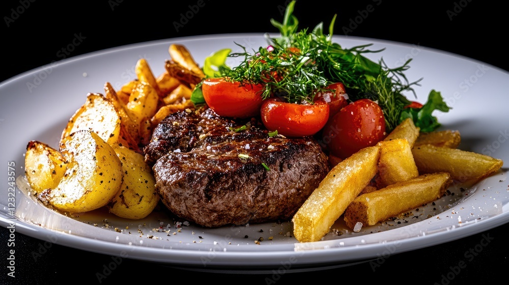 A perfectly grilled beef burger sits alongside golden fries and a colorful salad. The vibrant greens and reds enhance the appealing presentation of this delicious meal A perfectly grilled beef burger sits alongside golden fries and a colorful salad. The vibrant greens and reds enhance the appealing presentation of this delicious meal