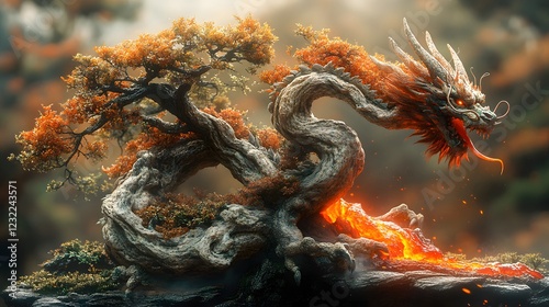 Detailed bonsai plant shaped into a dragon its magmalike skin glowing as fire streams from its mouth Behind a volcano spews lava in a dynamic epic scene filled with intricate textures photo