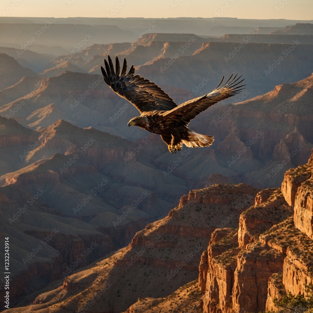 Fototapeta premium A golden eagle soaring over a canyon at sunrise.