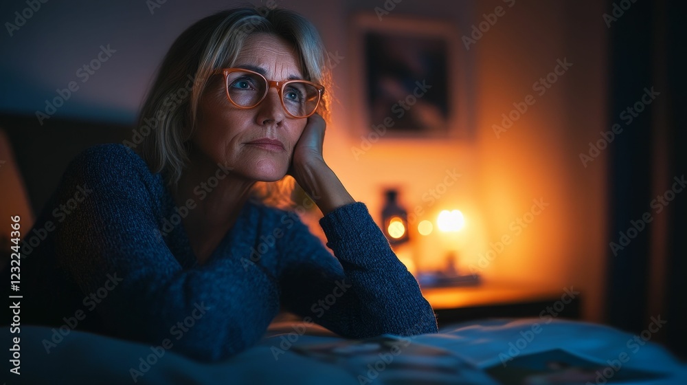 Obraz premium Woman with glasses stares pensively in dim bedroom.