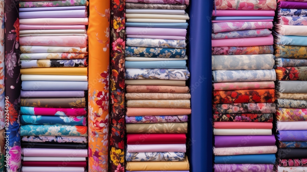 Neatly arranged fabric rolls in various colors and floral prints, illustrating diverse textile choices for fashion and interior design. Neatly arranged fabric rolls in various colors and floral prints, illustrating diverse textile choices for fashion and interior design.