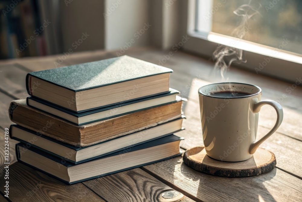 A stack of books sits on a wooden surface next to a steaming cup of hot beverage, bathed in warm sunlight. A stack of books sits on a wooden surface next to a steaming cup of hot beverage, bathed in warm sunlight.