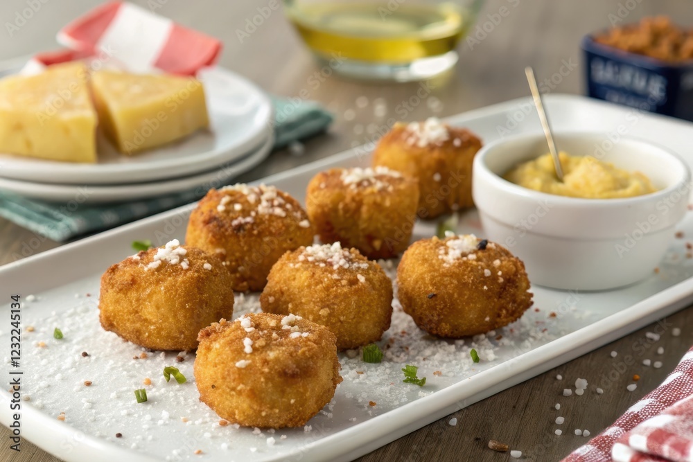 A platter of golden-brown, crispy fried cheese balls, delicately seasoned with salt and herbs, accompanied by a creamy mustard dip and a side of cheese A platter of golden-brown, crispy fried cheese balls, delicately seasoned with salt and herbs, accompanied by a creamy mustard dip and a side of cheese