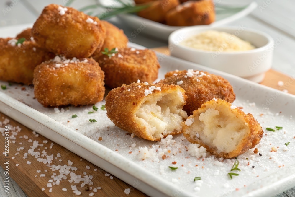 Crispy Fried Potato Croquettes with Melted Cheese Center, Seasoned with Salt and Herbs on a White Serving Platter Crispy Fried Potato Croquettes with Melted Cheese Center, Seasoned with Salt and Herbs on a White Serving Platter