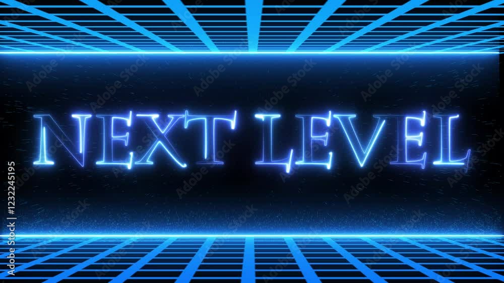 Next level Glowing neon text animation on technology grid background. Next level Glowing neon text animation on technology grid background.