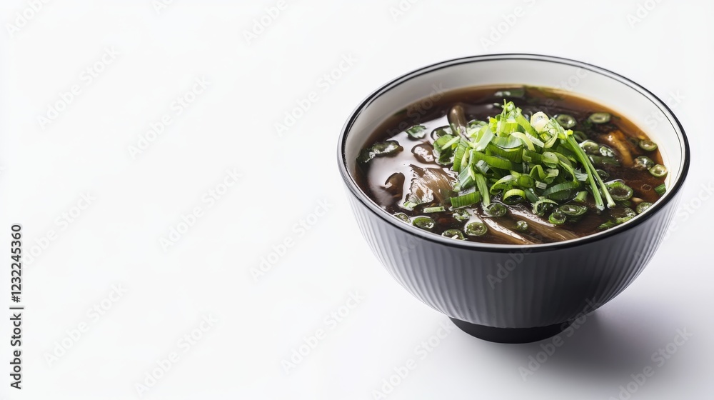 Chinese hot and sour soup garnished with green onions on a white background Chinese hot and sour soup garnished with green onions on a white background