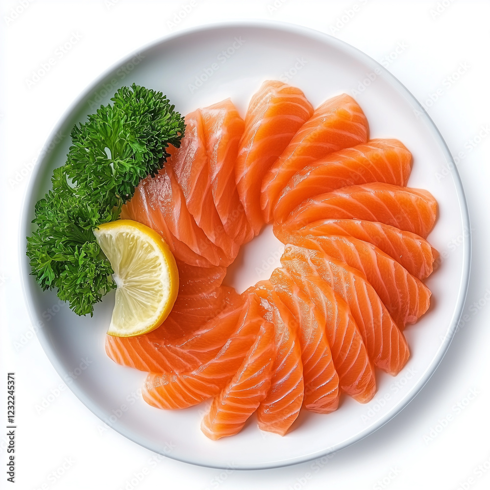 Plate of Salmon Sashimi, Sushi Plate Style, top view, isolated on white, food photo Plate of Salmon Sashimi, Sushi Plate Style, top view, isolated on white, food photo
