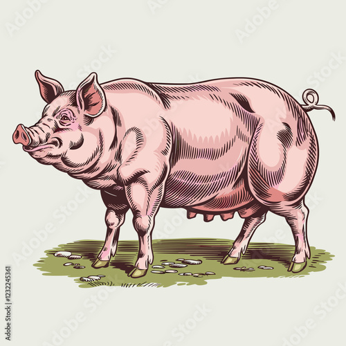 Vintage Pig Illustration - Engraved Farm Animal Artwork