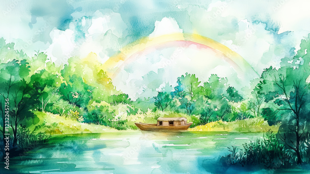 serene watercolor scene of boat on calm river surrounded by lush greenery and rainbow serene watercolor scene of boat on calm river surrounded by lush greenery and rainbow