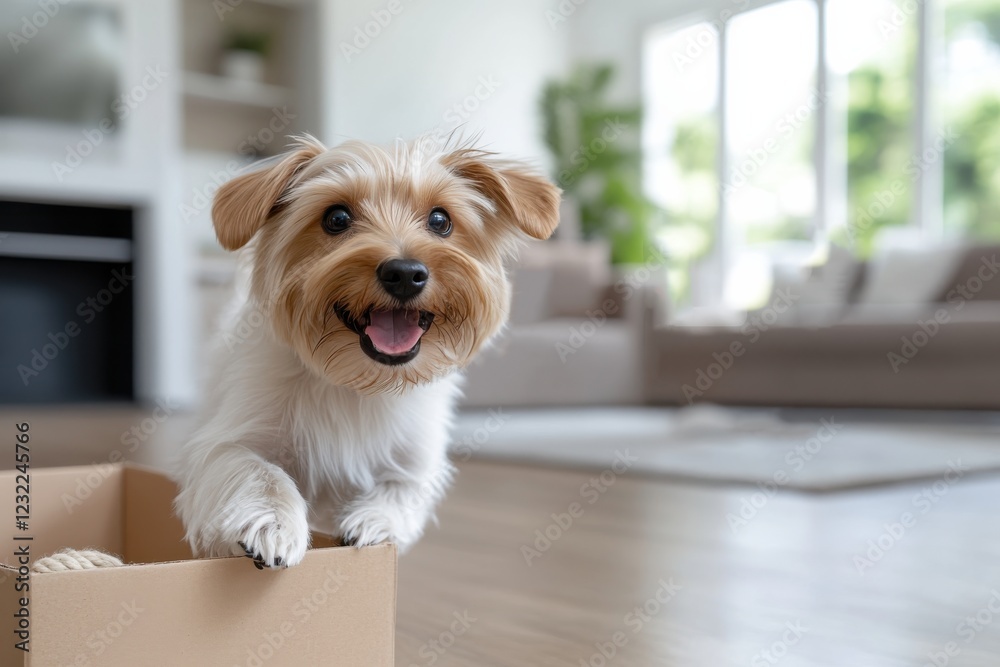 A cheerful dog playfully sits in a box, showcasing a bright smile in a beautifully designed living room with natural light and a welcoming environment. A cheerful dog playfully sits in a box, showcasing a bright smile in a beautifully designed living room with natural light and a welcoming environment.