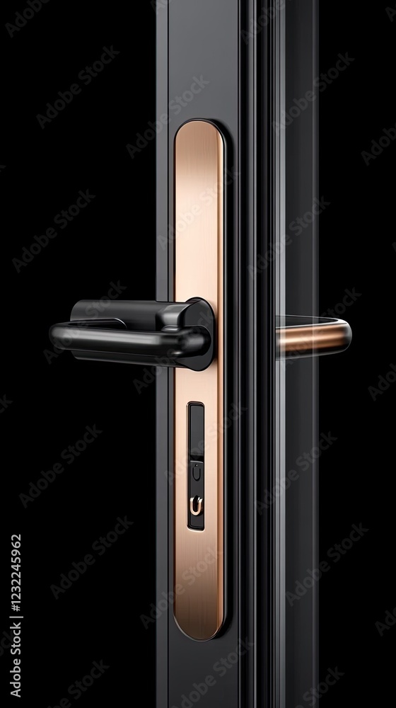 Modern door lock features multiple buttons and levers, showcasing sleek black metal design against a contemporary interior backdrop Modern door lock features multiple buttons and levers, showcasing sleek black metal design against a contemporary interior backdrop