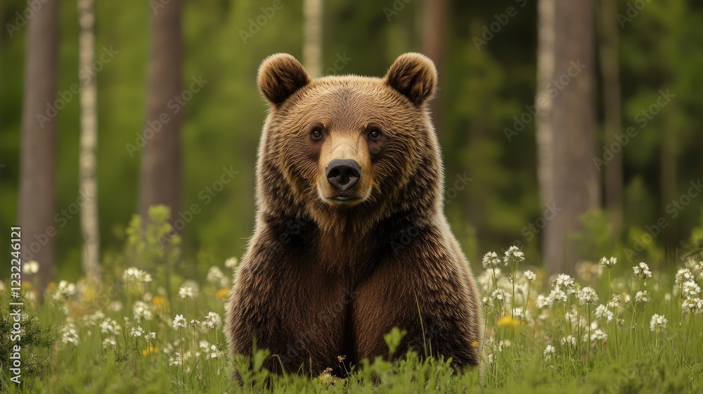 Brown Bear in its natural habitat amidst the meadow and the forest, looking forward Brown Bear in its natural habitat amidst the meadow and the forest, looking forward