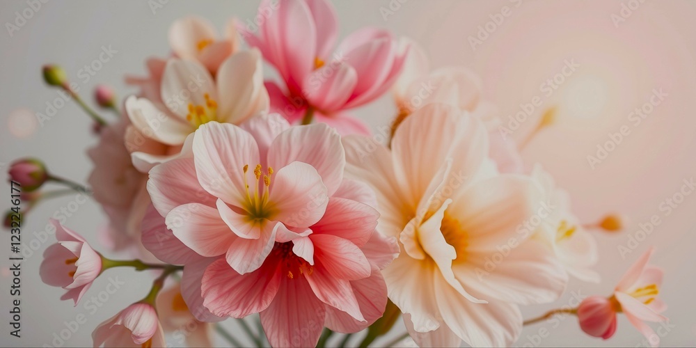 A bouquet of pink and white flowers with a sun shining on them. The flowers are arranged in a vase and are the main focus of the image. The sun adds a warm and cheerful touch to the scene A bouquet of pink and white flowers with a sun shining on them. The flowers are arranged in a vase and are the main focus of the image. The sun adds a warm and cheerful touch to the scene