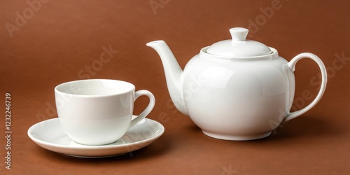 Wallpaper Mural A pristine white teapot and teacup set against a rich brown backdrop. Torontodigital.ca