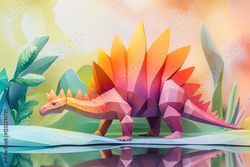 Origami paper style dinosaur Stegosaurus inspired roaming background, water reflection bright orange yellow purple photo