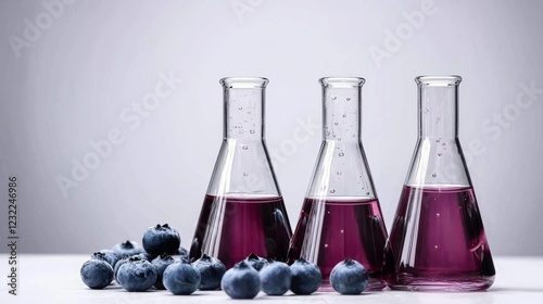 Experiment with blueberries and colored liquids in laboratory glassware on a clean surface photo