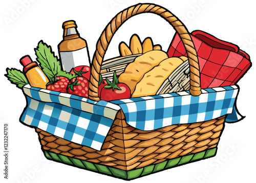 Generate a photorealistic image of a meticulously detailed woven picnic basket, showcasing the intricate texture of the wicker.  Include shadows and highlights for depth.