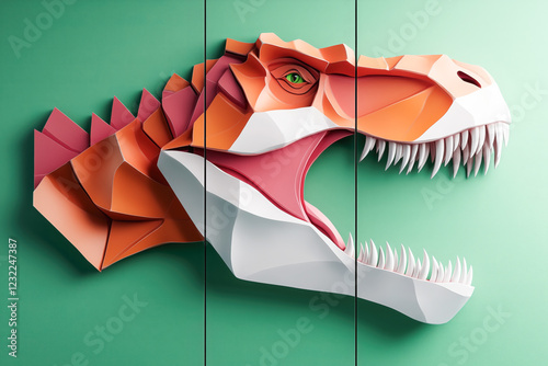 Abstract dinosaur background, Tyrannosaurus Rex inspired triptych layout, ferocious teeth jaws predator