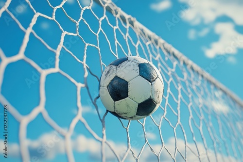 A soccer ball is sitting on a net. Generative AI