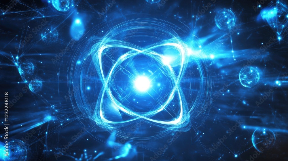 Fototapeta premium A concept of quantum computing with glowing particles, abstract digital backdrop.