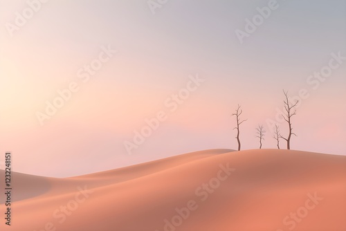 Desolate desert with dry trees and distant mountain peaks, showcasing a serene blue sky