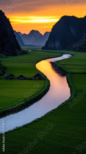 Serene Sunset over Rice Paddies and Winding River