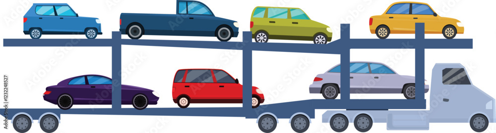 Car carrier truck transporting various cars on a double decker trailer, logistics and automotive transportation concept