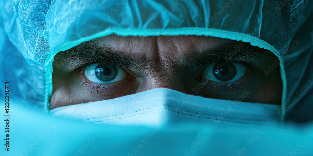 Close-up of a Person's Eyes Wearing a Surgical Mask and Cap Close-up of a Person's Eyes Wearing a Surgical Mask and Cap