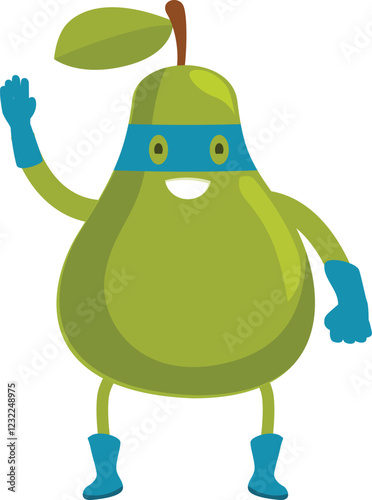 Cartoon illustration of a superhero pear wearing a mask and boots, waving with a smile