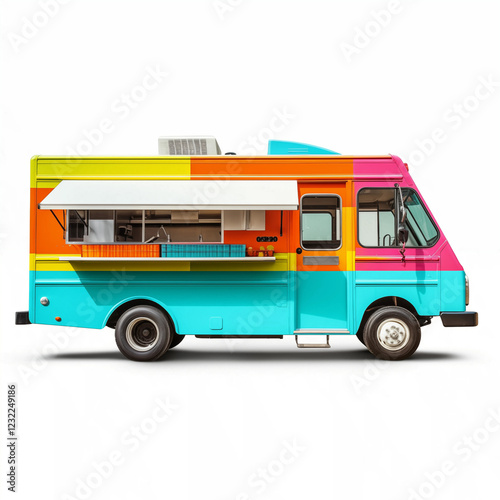 Vibrant food truck parked in a sunny location serving colorful cuisine during the afternoon