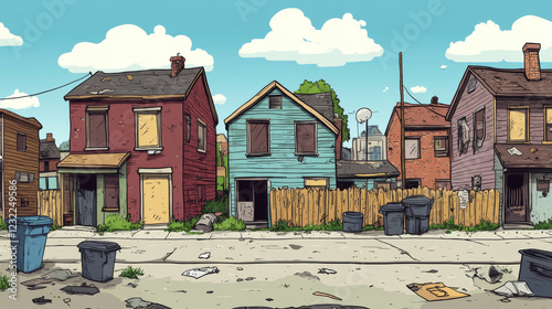 Poor abandoned houses in ghetto district. Vector cartoon illustration of cityscape with slum buildings, cheap shacks with dirty damaged facades, boarded windows, trash containers. Criminal area