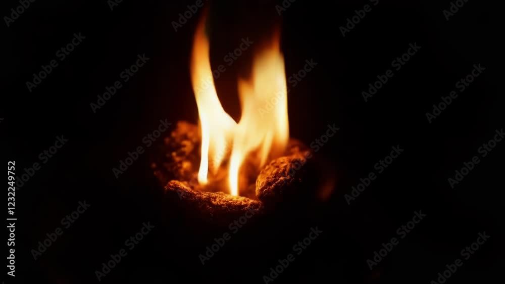 Small fire burning selected material against deep black background, generating warm orange red glow and creating intense visual energy through flickering, dancing flames Small fire burning selected material against deep black background, generating warm orange red glow and creating intense visual energy through flickering, dancing flames