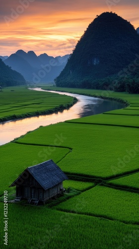 Serene Sunset over Rice Paddies and Mountains