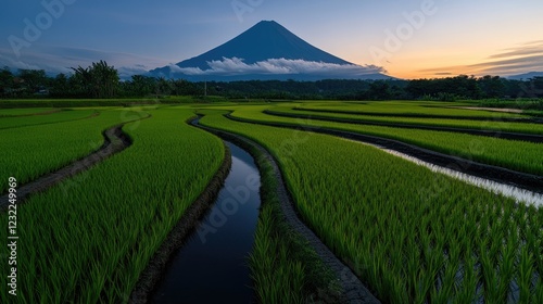 Serene Sunset over Rice Terraces and Majestic Volcano